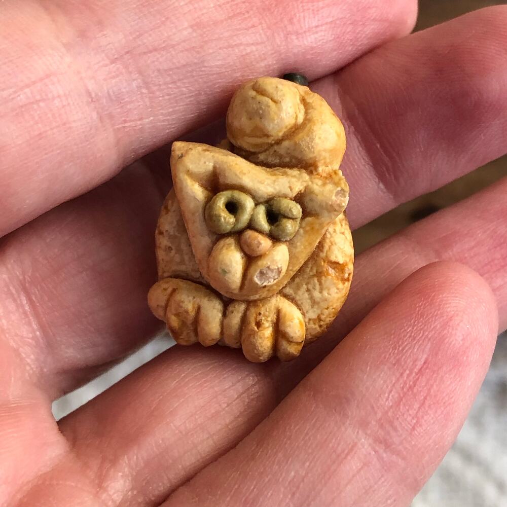 Vintage Handmade Clay Cat Lapel Pin Brooch Mini 1" Folk Art Cottagecore Kawaii